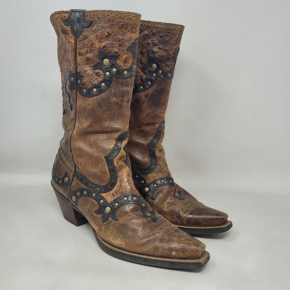 Ariat Boots 7.5 Brown Leather Western Snip Toe Studded Distressed 10008778 Rogue